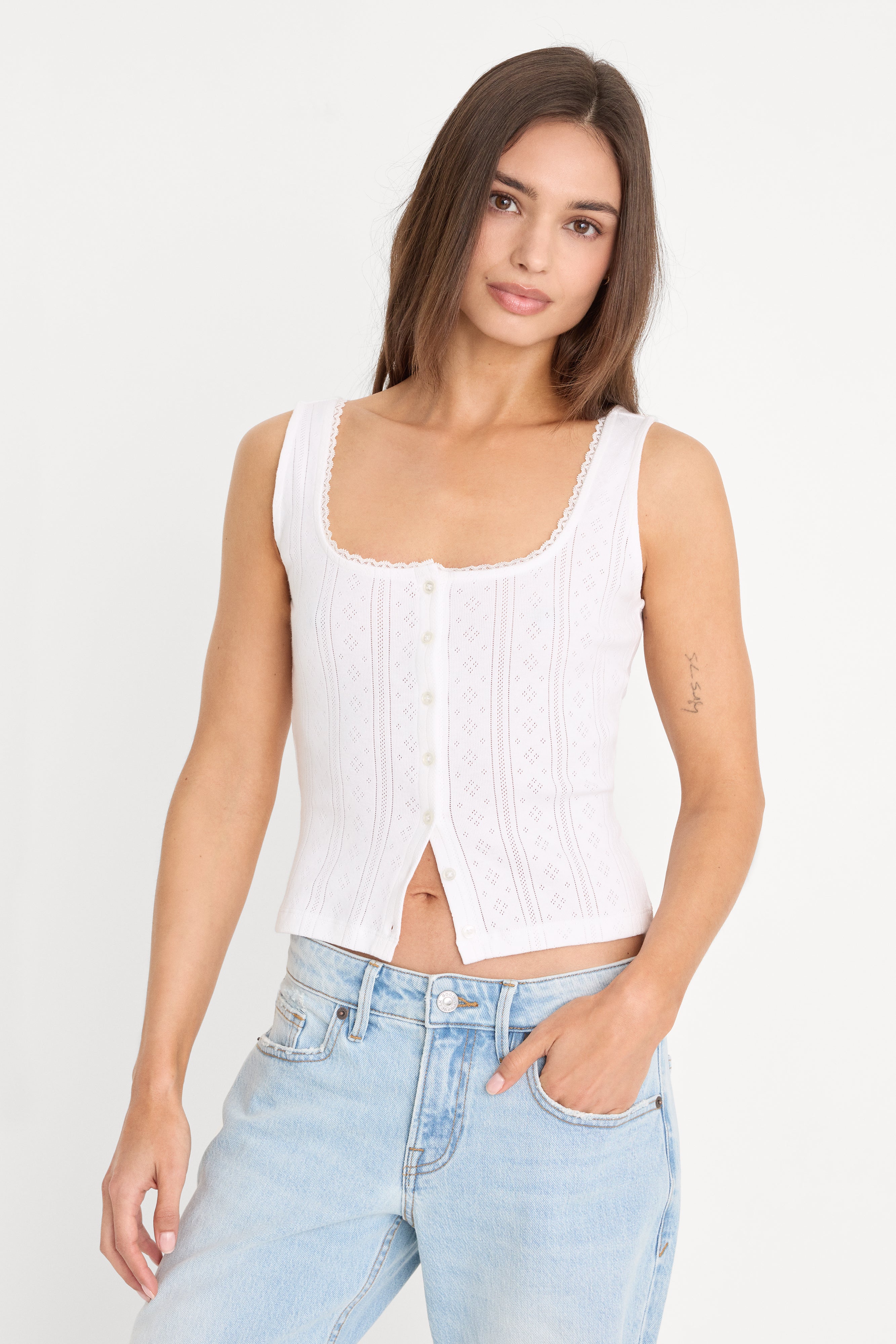 THE POINTELLE BUTTON DOWN TANK | WHITE001