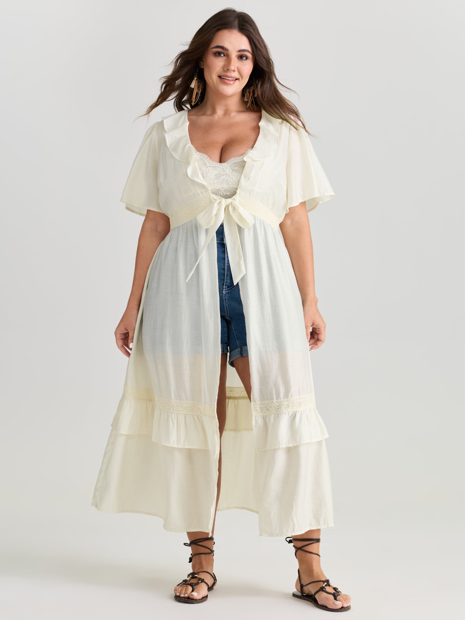 Sheer Lace Lotus Leaf Detail Kimono