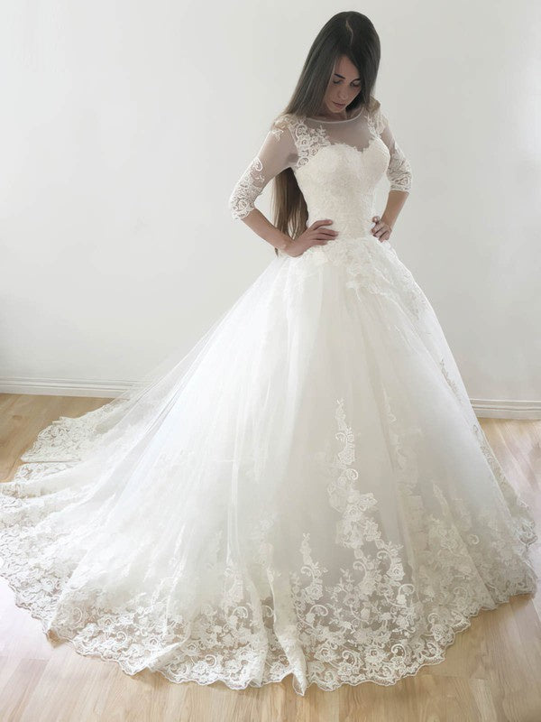 Deluxe Court Train 3/4 Long Sleeves Lace Ball Gown Wedding Dresses