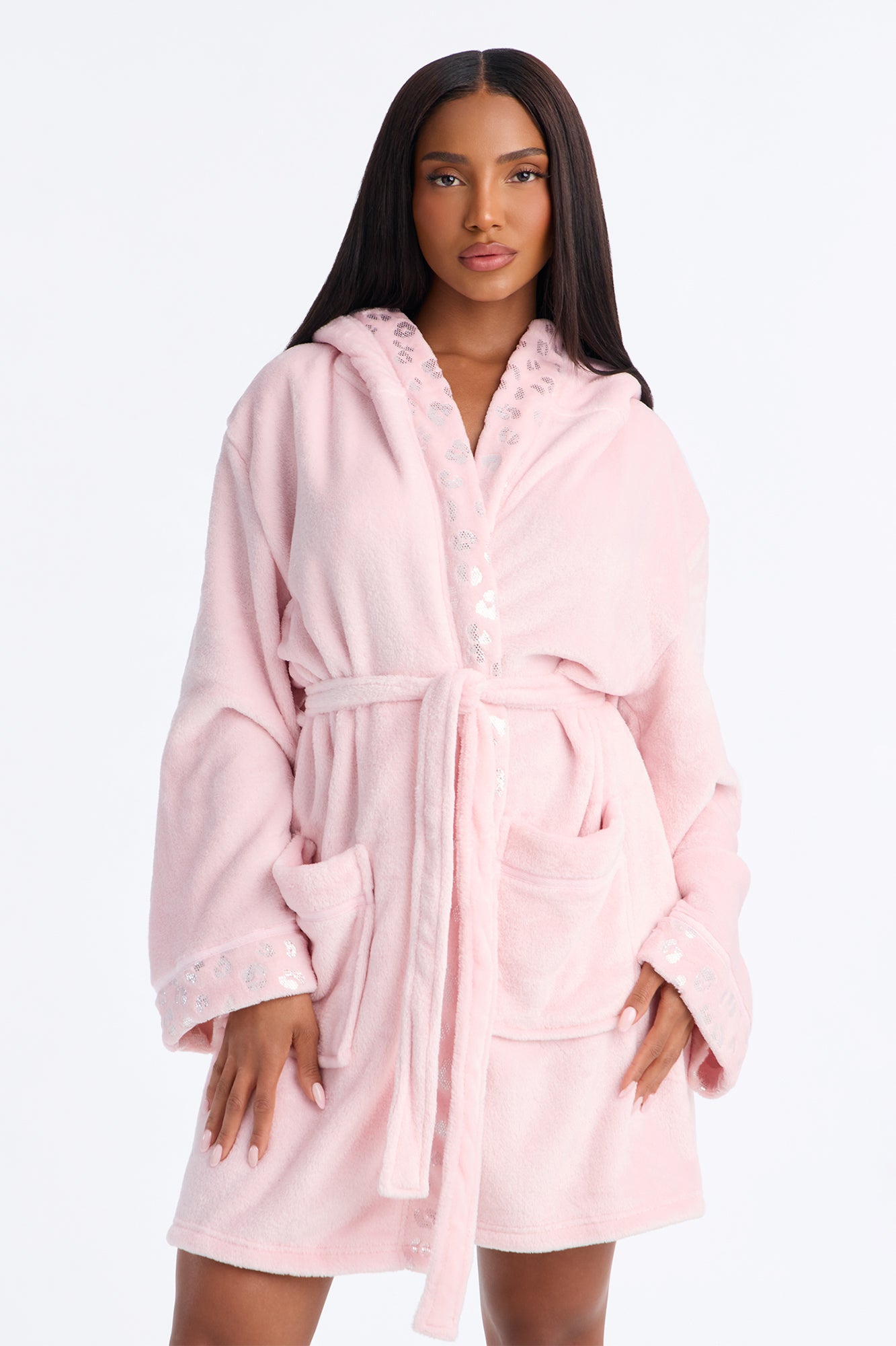 My Aura Hooded Contrast Trim Plush Robe - Pink