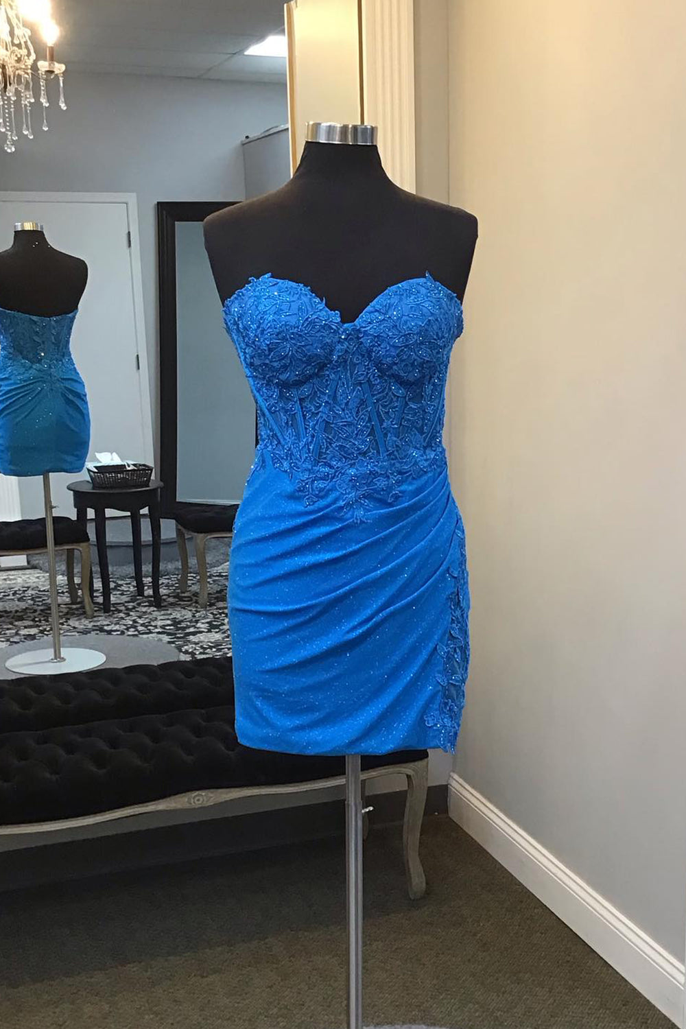Glitter Royal Blue Corset Tight Short Homecoming Dress/Mini Dress with Lace