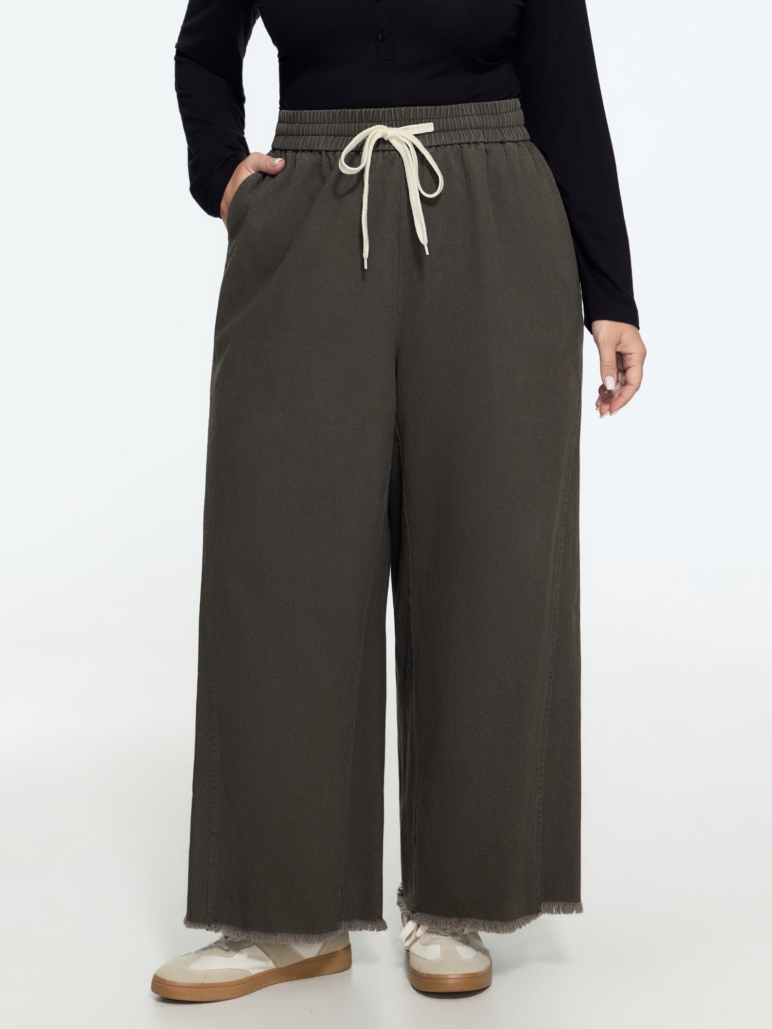 Stretch Drawstring Waist Frayed Hem Wide Leg Pants