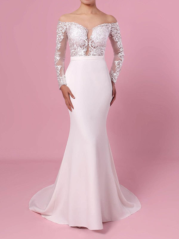 Gorgeous Mermaid Lace Off-The-Shoulder Sweep Train Satin Chiffon Wedding Dresses