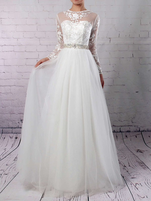 Luxurious Long Sleeves Tulle Floor-Length Wedding Dresses with Appliques