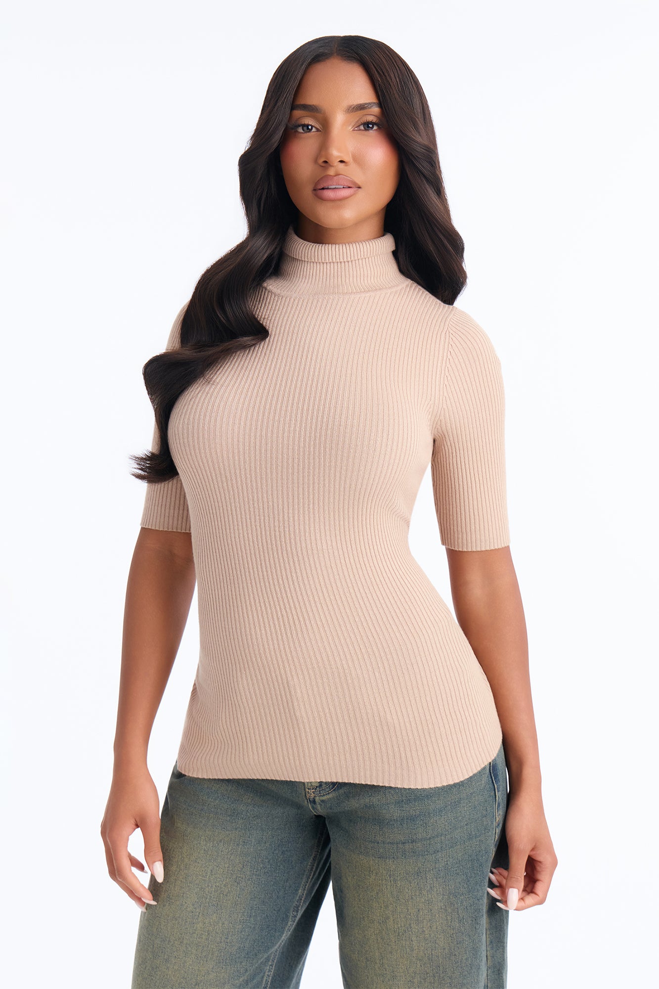 Tara Turtle Neck Elbow Sleeve Sweater - Khaki