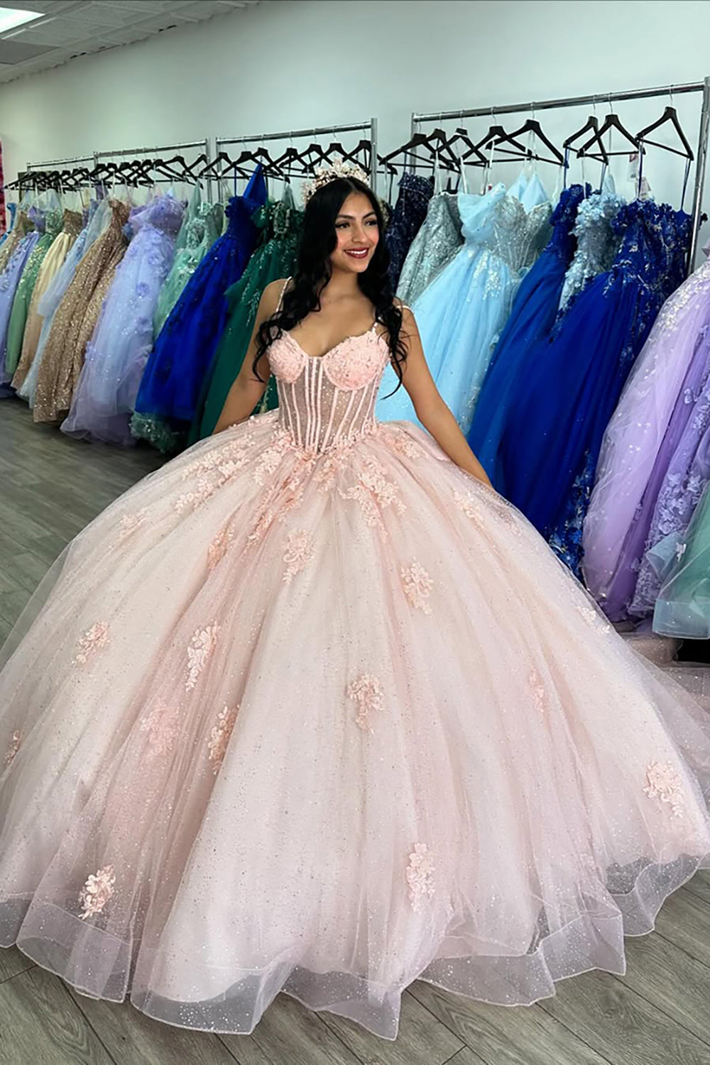 Princess Quinceanera Dress in Pink with Tulle Applique and Spaghetti Straps, Featuring a Bow