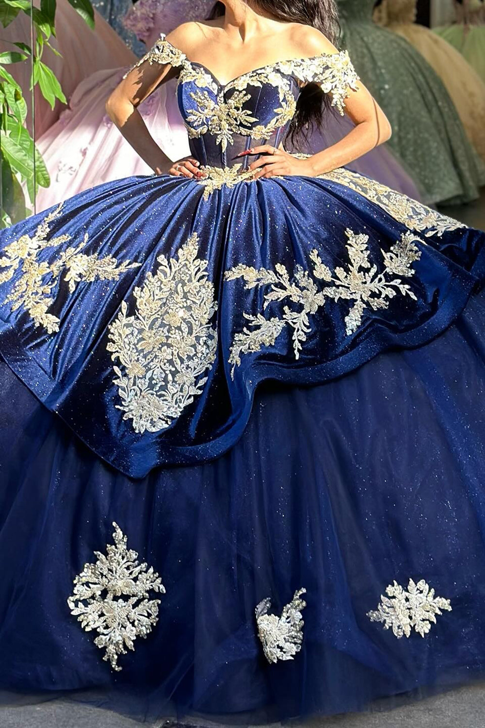 Princess Quinceanera Dress in Navy with Off-the-Shoulder Beaded Applique and Tulle