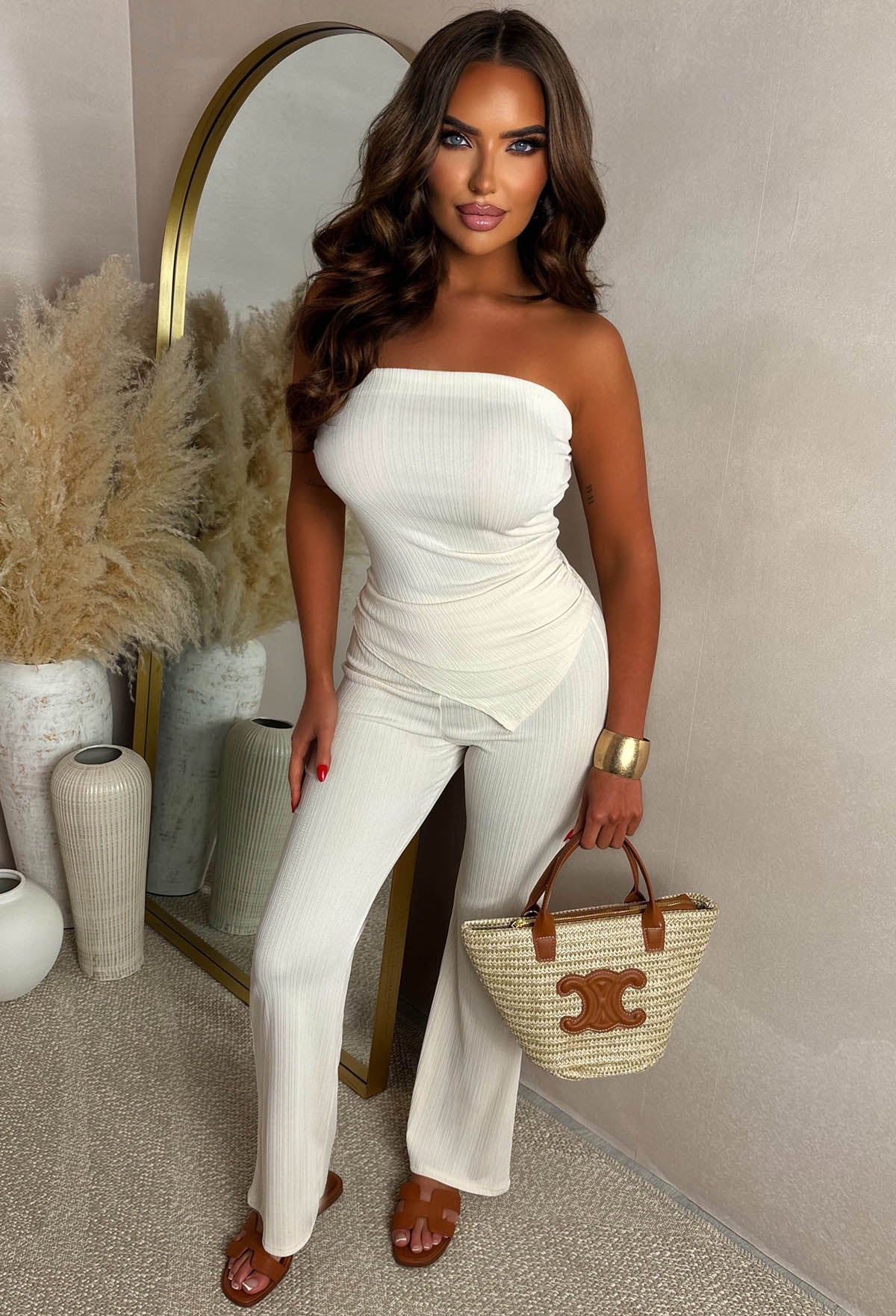 Tell Me Lies Beige Ruched Ribbed Bandeau Top & Trouser Set