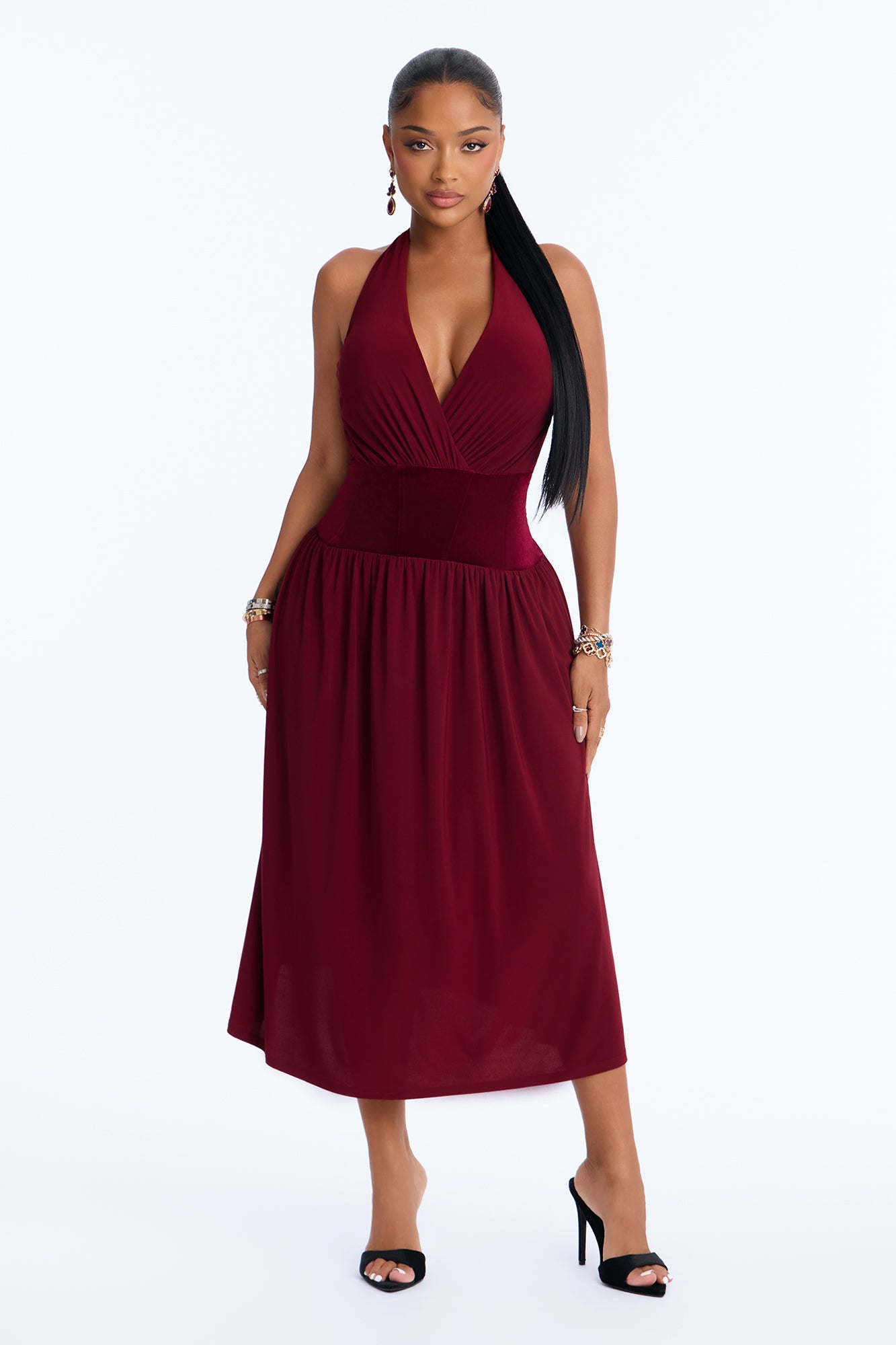 Stasi Velvet Corset Halter Midi Dress - Wine