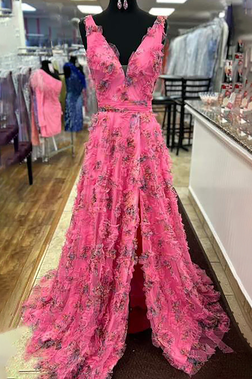 Long A-Line Prom Dress in Pink Floral Tulle with V-Neck and Slit
