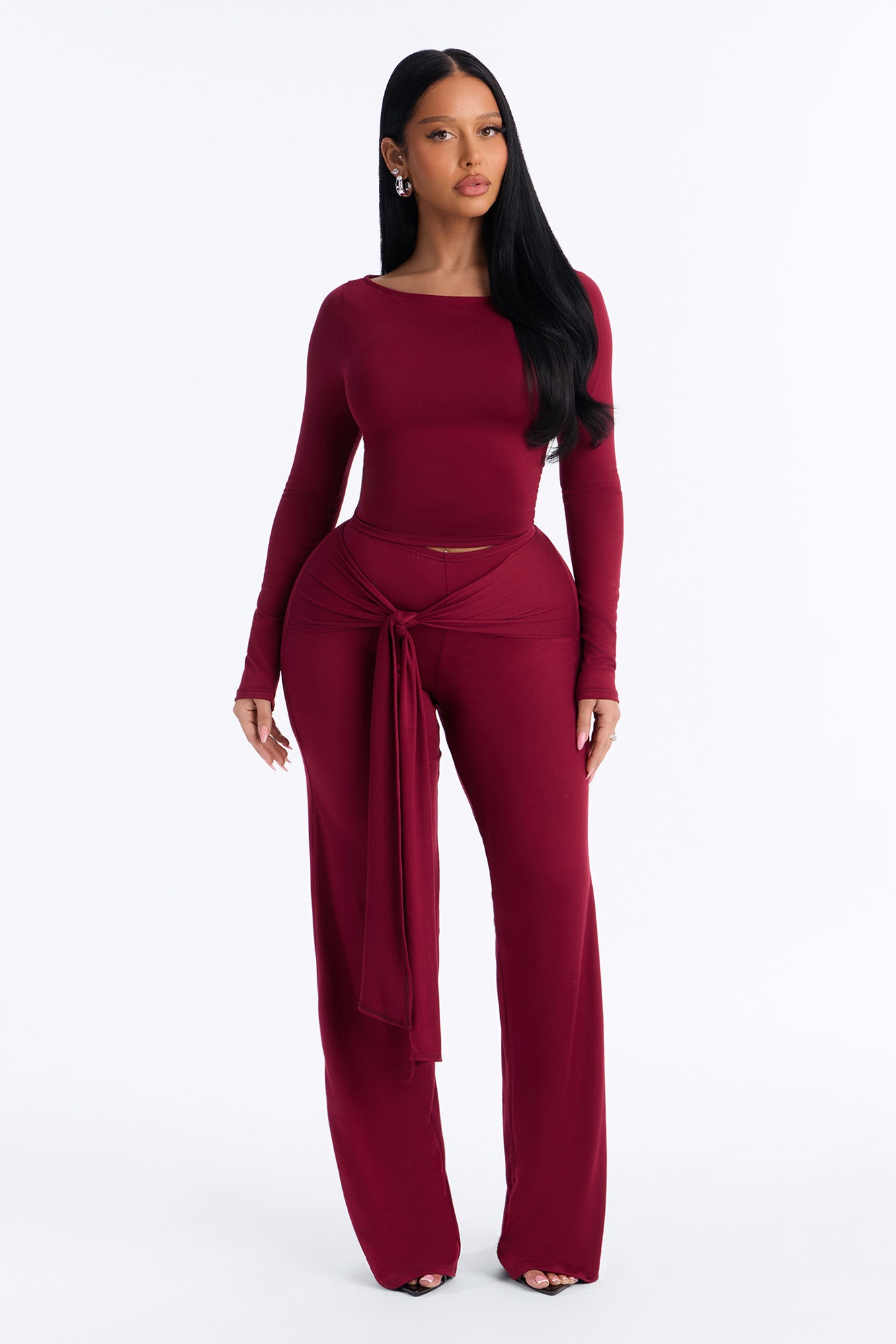 Tori Tie Waist Pant Set - Burgundy