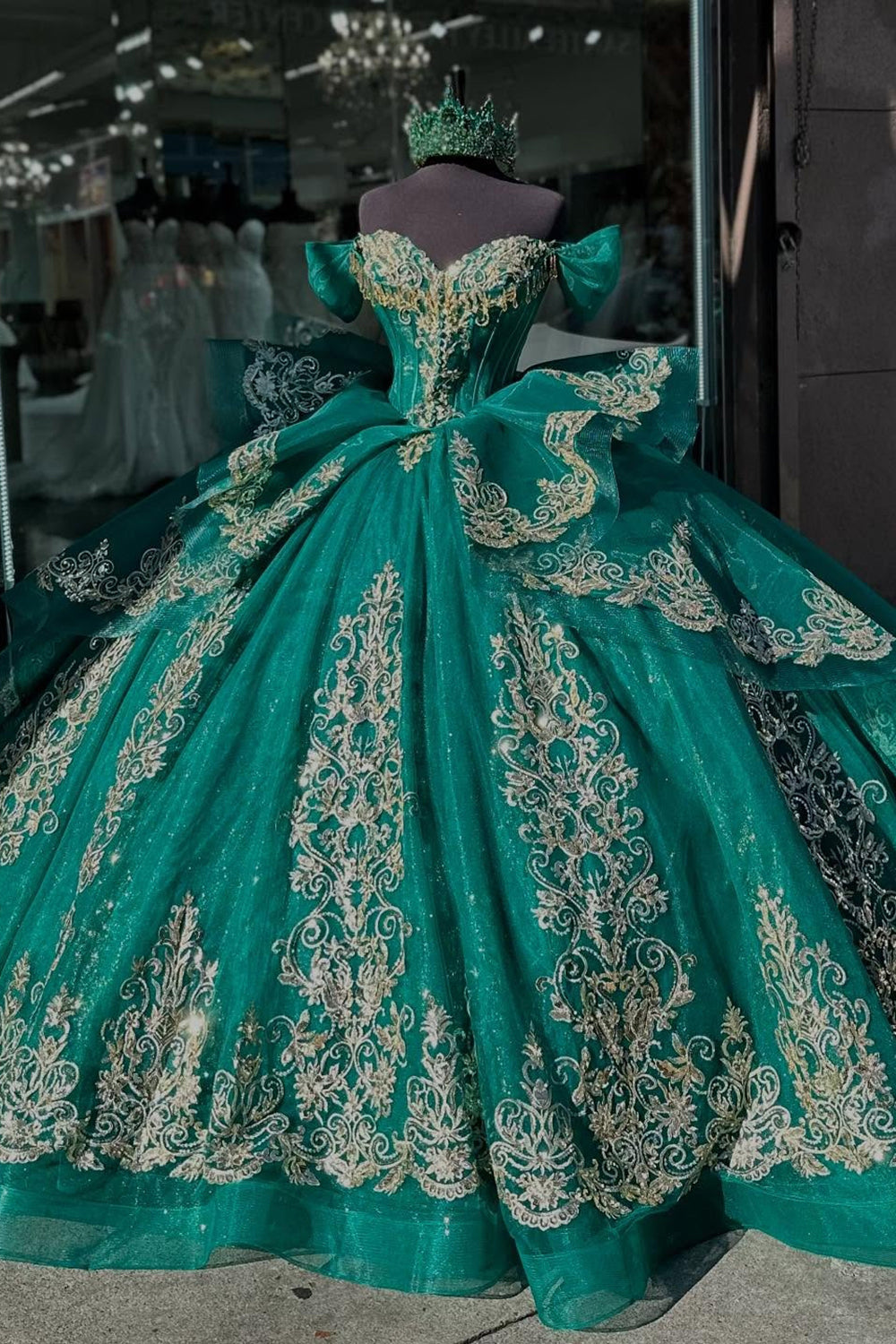 Dark Green Sparkly Off-the-Shoulder Princess Tulle Dress with Applique for Quinceanera