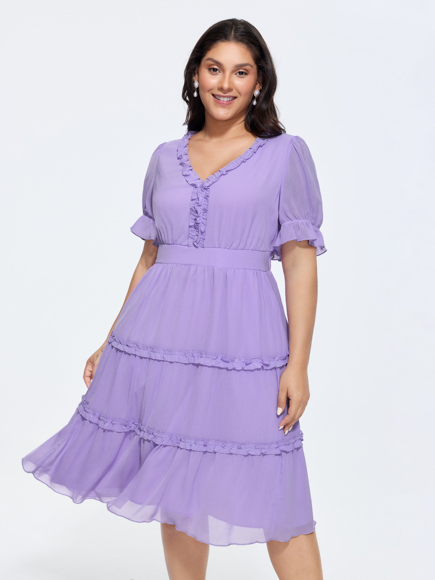 Ruffled Edge Tiered V-Neck Midi Dress