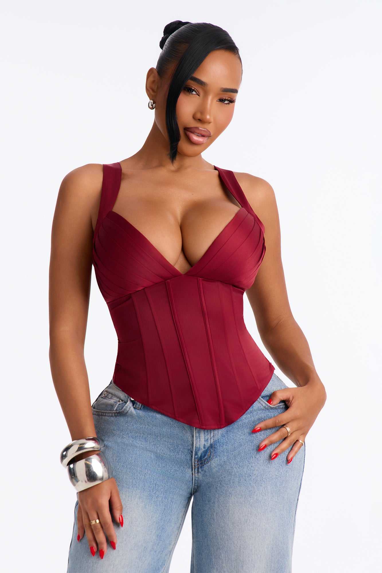 Envy Me Lace Up Satin Corset - Wine