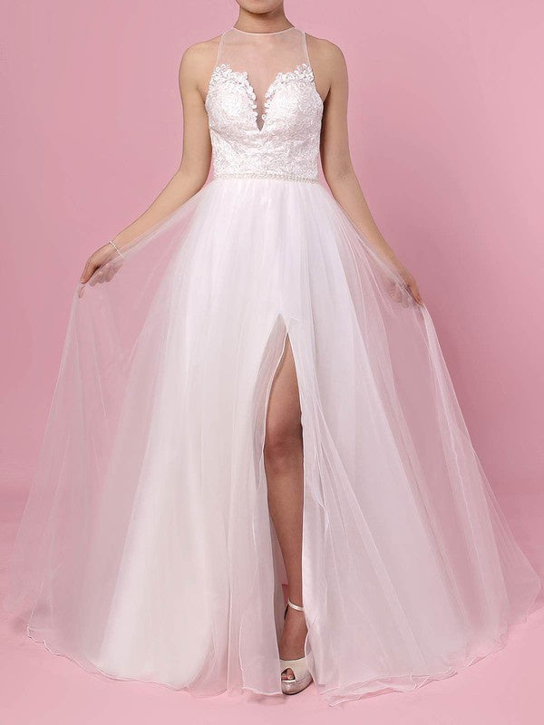Stunning Jewel Sleeveless Ball Gown Tulle Sweep Train Wedding Dresses with Split