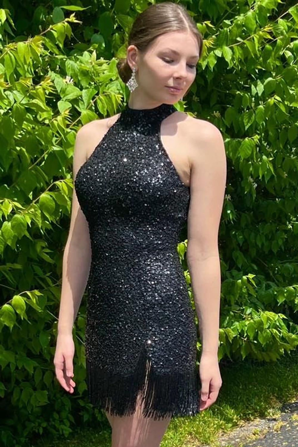 Black Halter Sequins Tight Homecoming Dress/Mini Dress