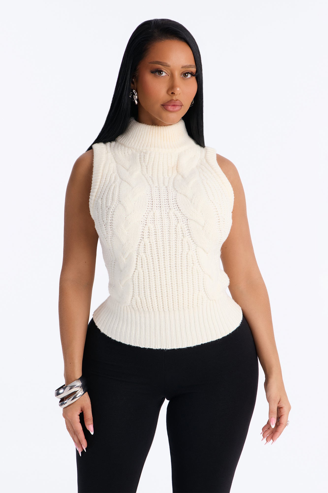 Cold Skies Sleeveless Funnel Neck Sweater - Ivory