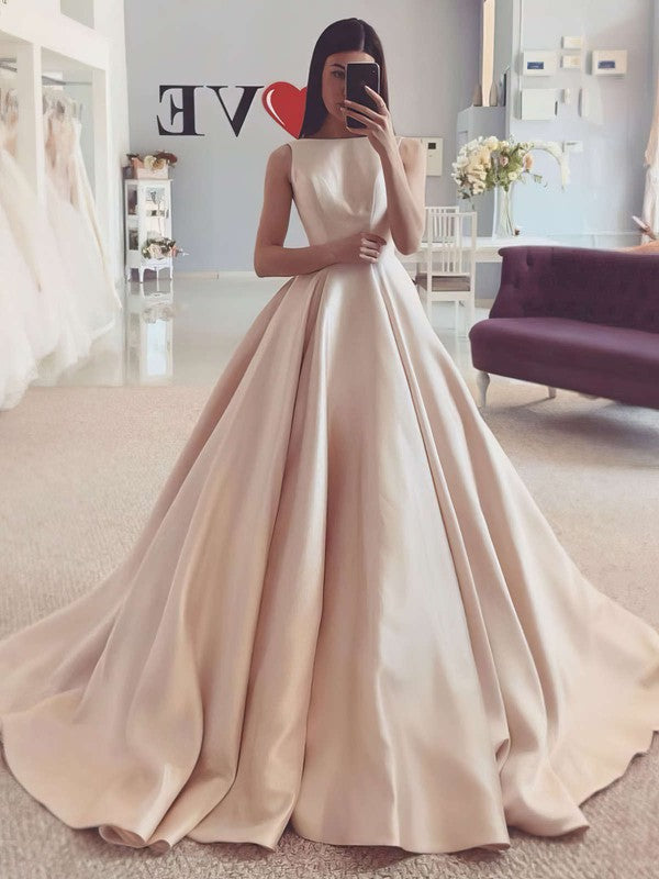 Gorgeous Ball Gown Bateau Sleeveless Satin Sweep Train Wedding Dresses