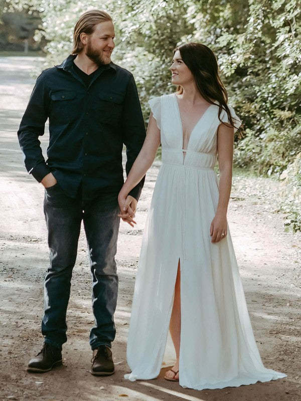 Fashionable A-Line V-Neck Chiffon Sweep Train Wedding Dresses with Split