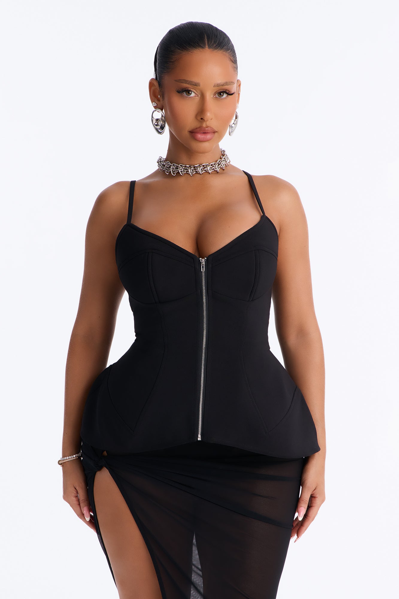 Molly Front Zip Peplum Blouse - Black