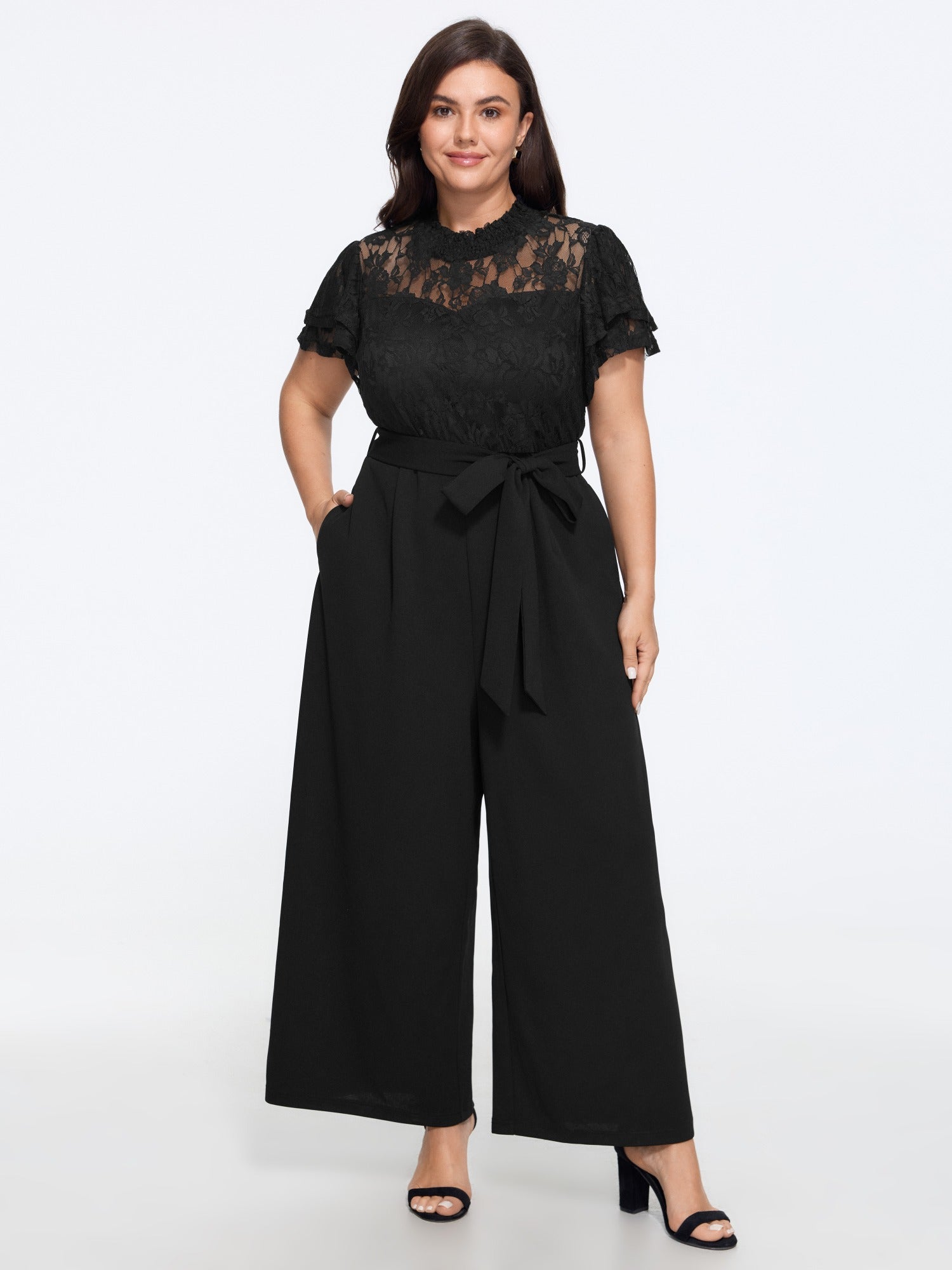 Lace Trim Short Sleeve Tie Waist Wide Leg Jumpsuit