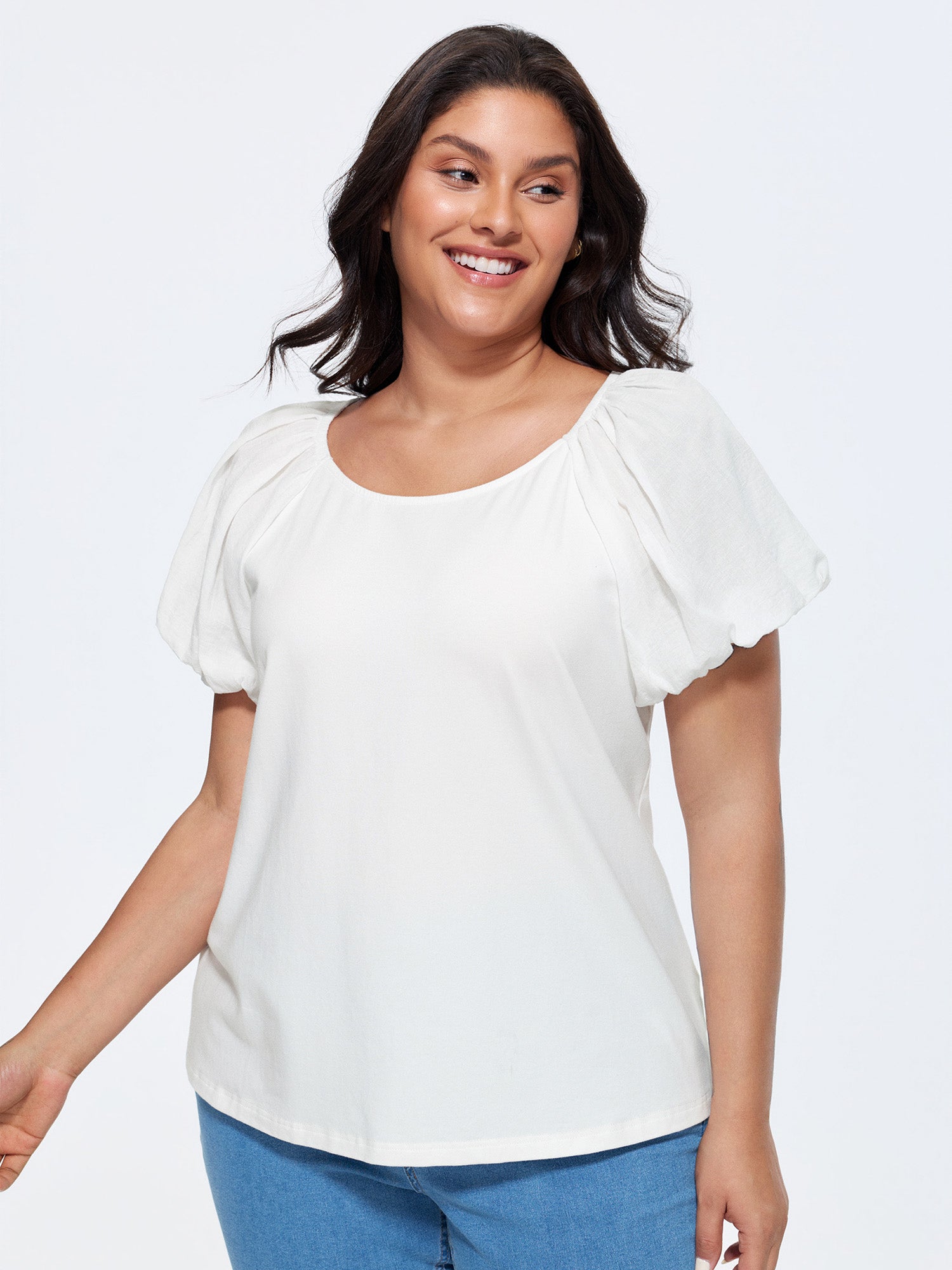 Cotton Balloon Sleeve Round Neck Spliced T-Shirt