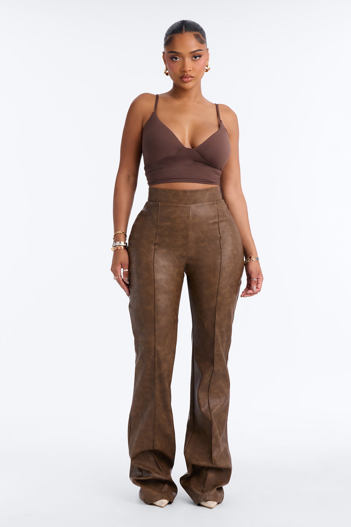 Tall Victoria High Waisted Washed Faux Leather Dress Pants - Chocolate