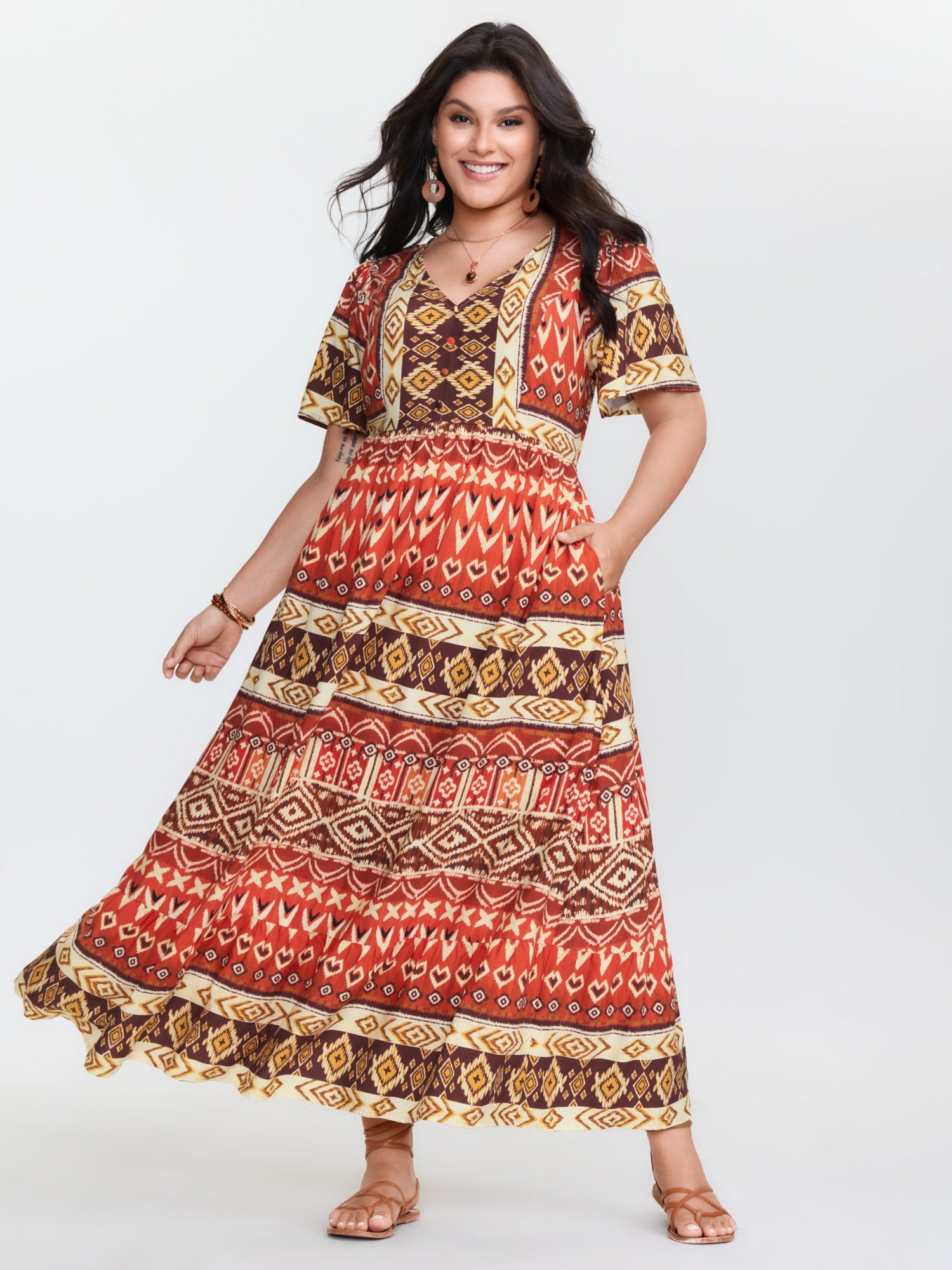 Boho Floral Print Flared Sleeve Maxi Dress