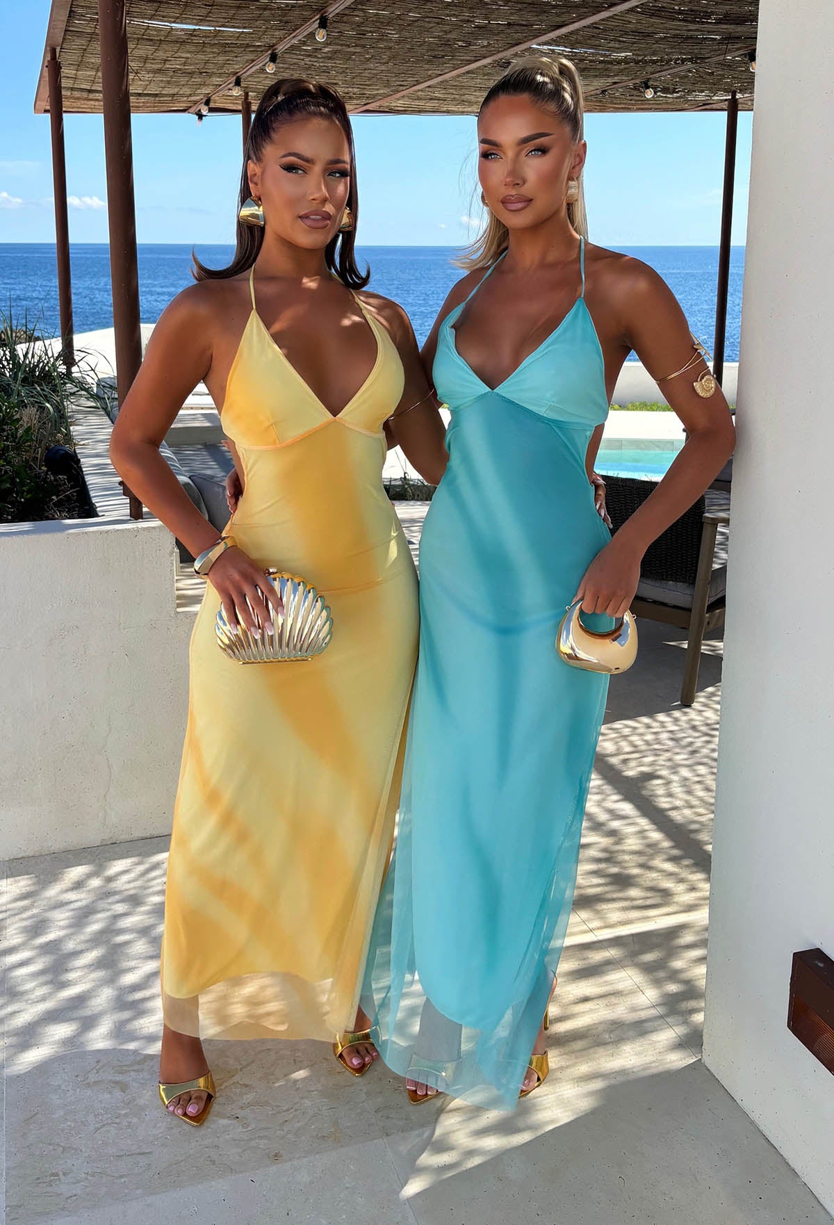 Ocean Beach Babe Yellow Halter Neck Print Mesh Maxi Dress