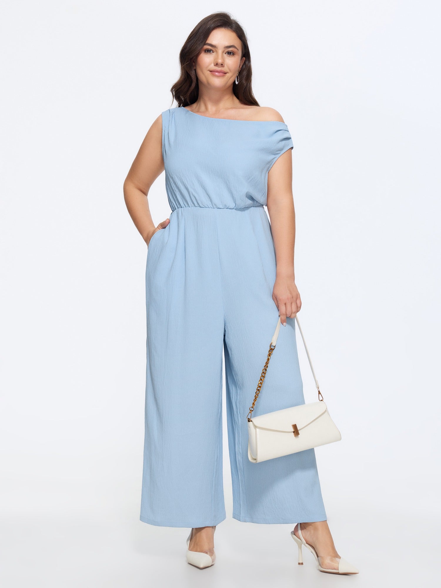 Textured One Shoulder Pocket Wide Leg Jumpsuit