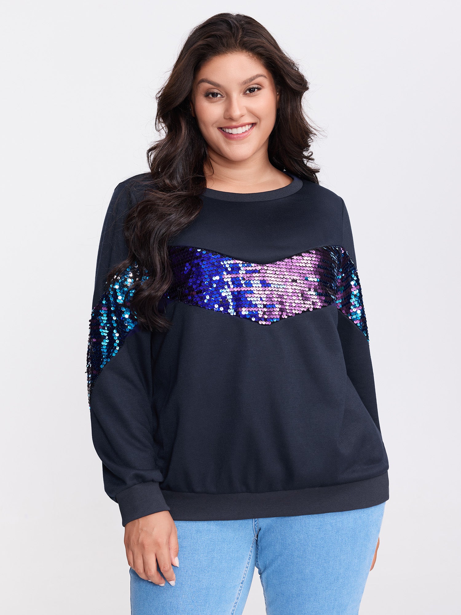 Iridescent Sequin Spliced Round Neck Sweatshirt