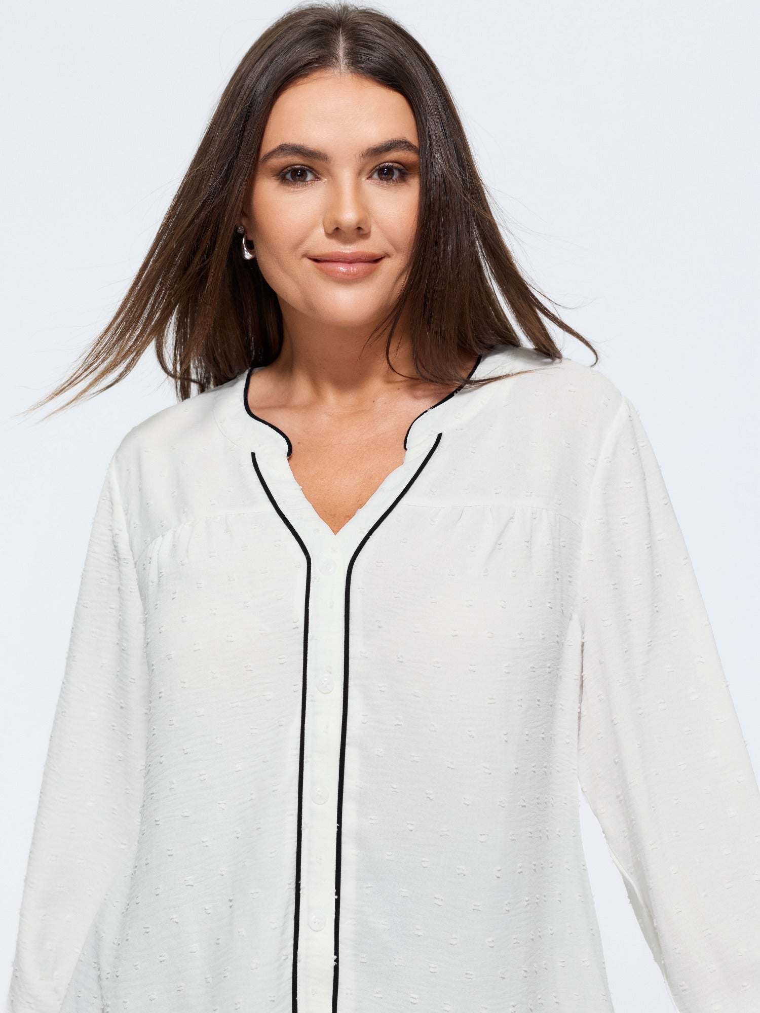 Textured Color Contrast Piping Button Down Blouse