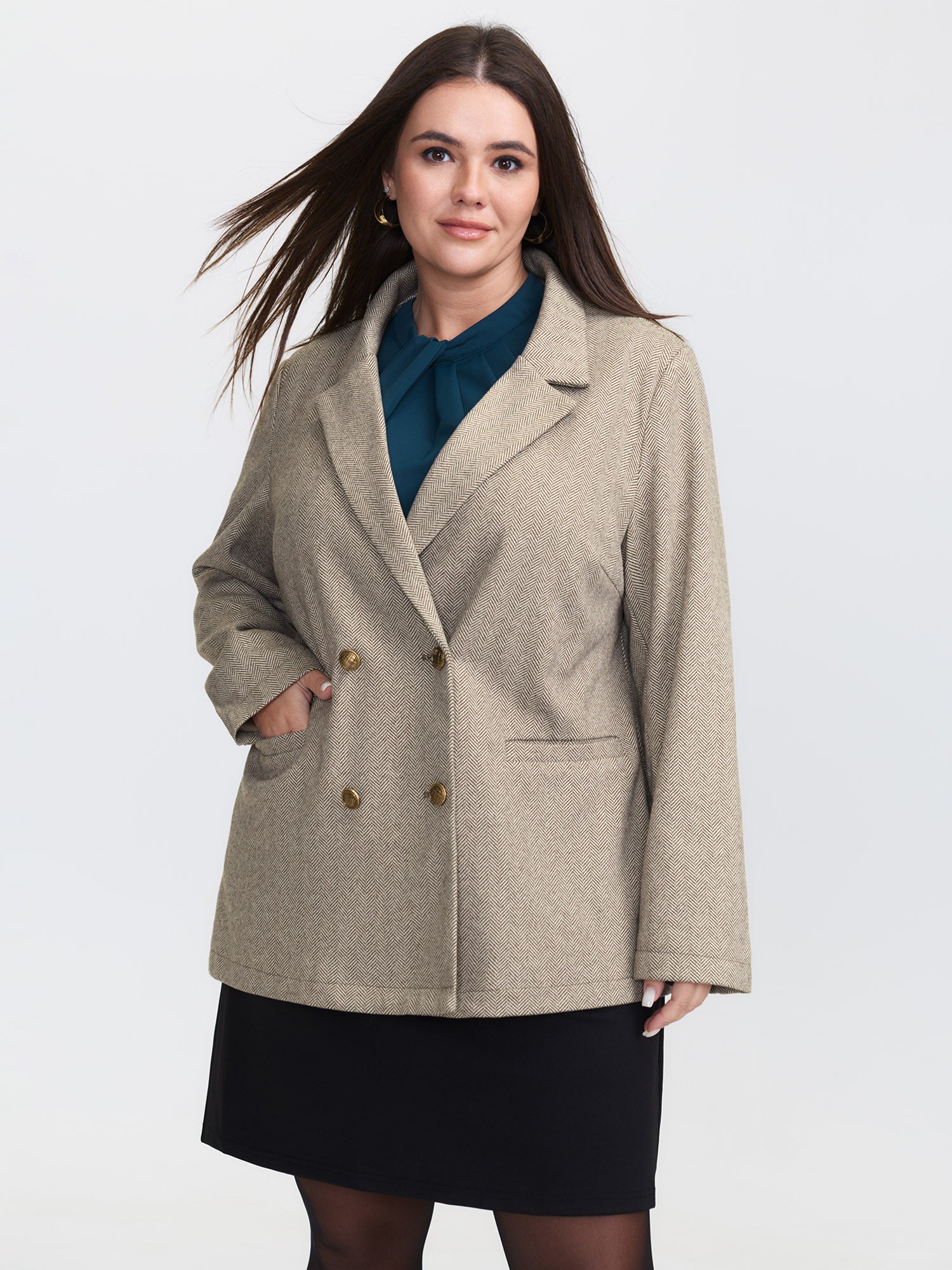 Herringbone Pockets Double Button Blazer