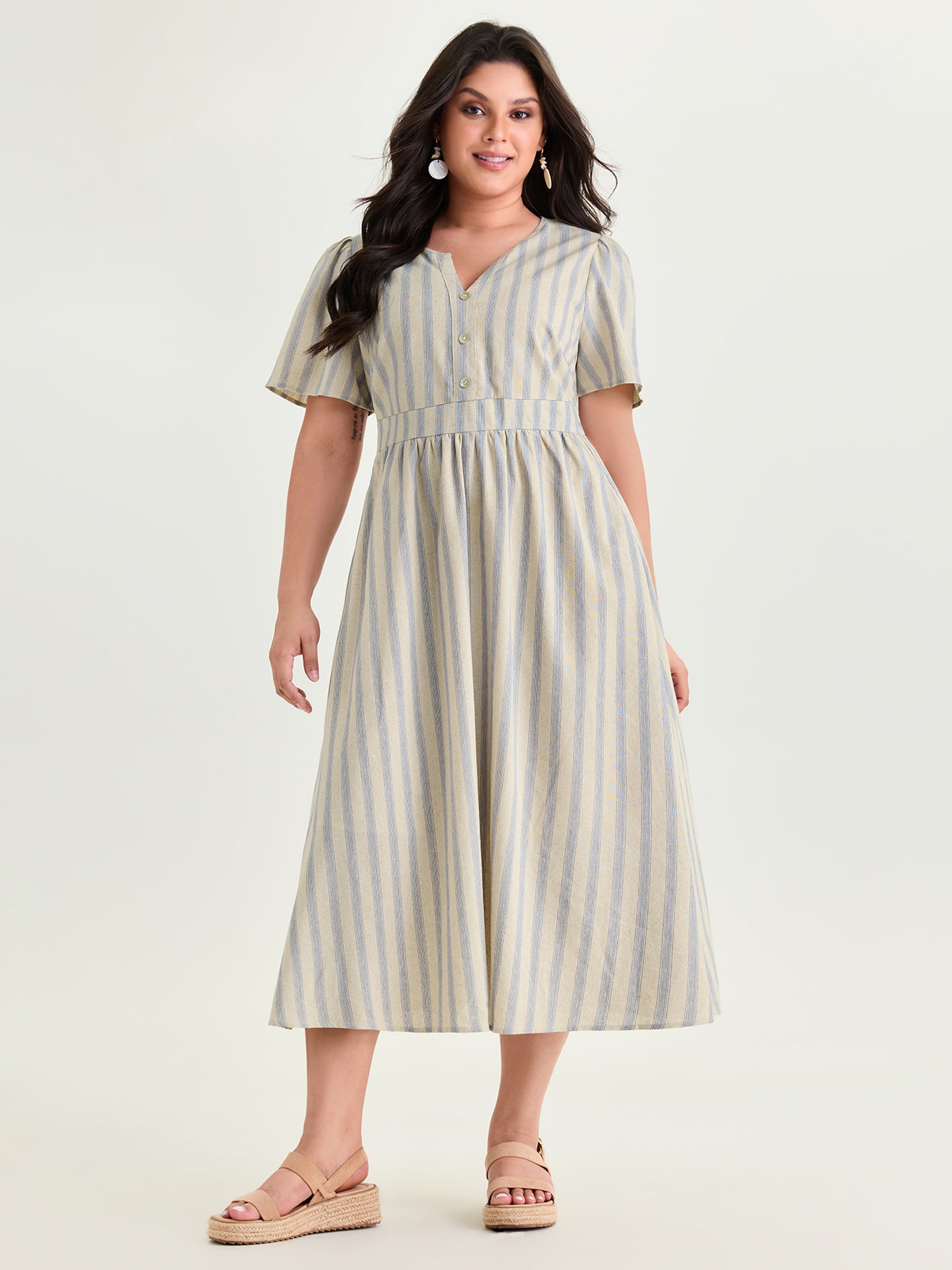Monochrome Striped Print Split Neck Midi Dress