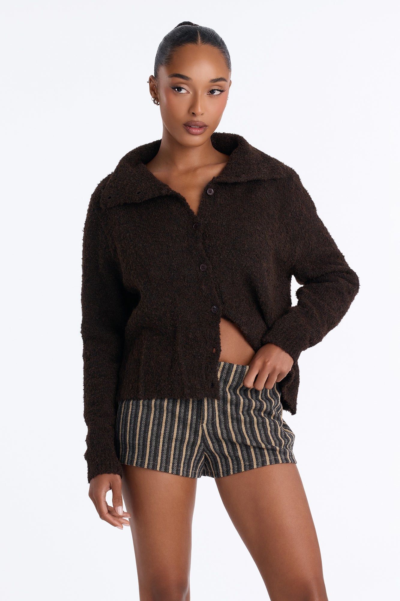 Hazy Love Funnel Neck Cardigan - Chocolate