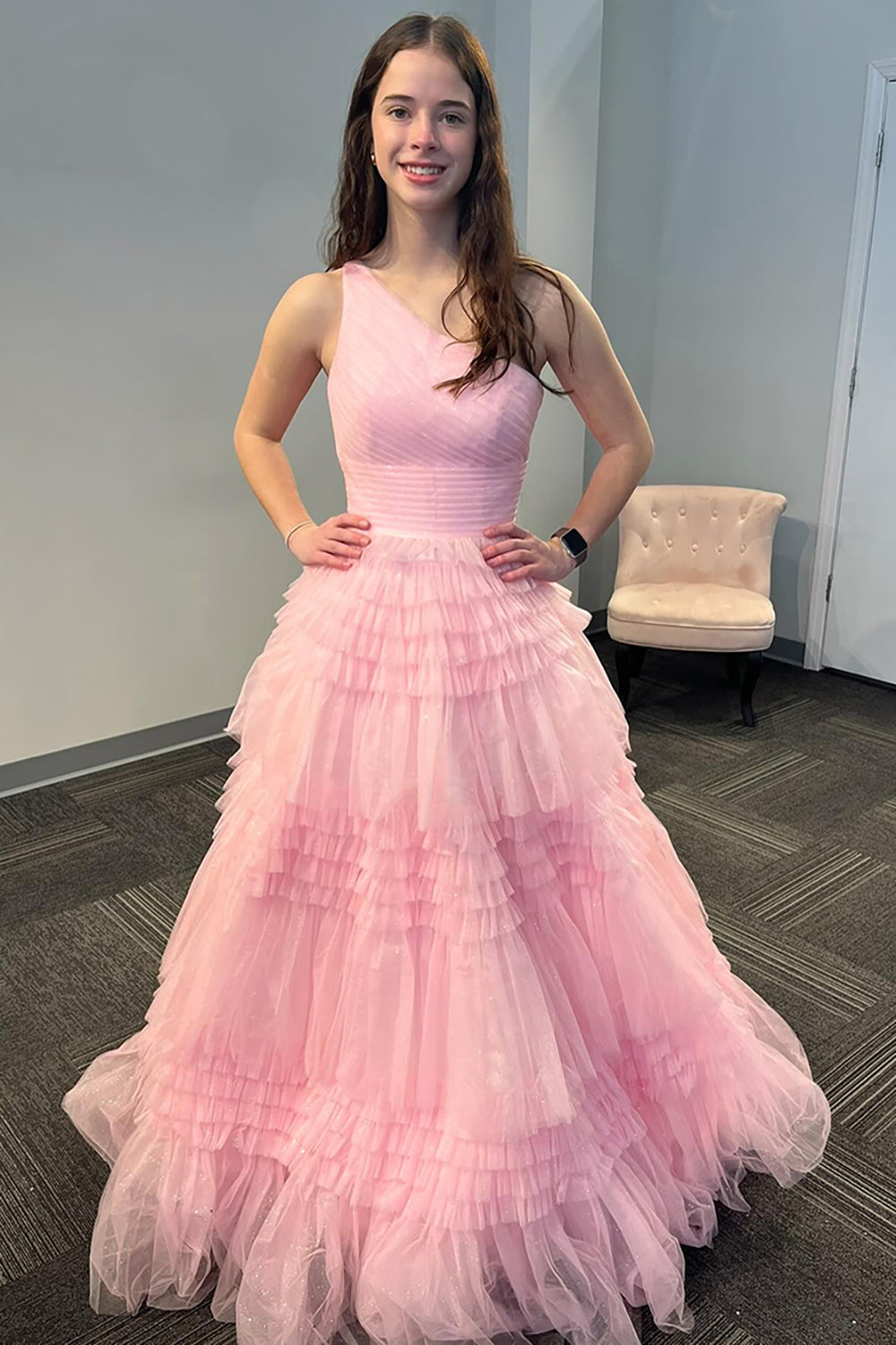 Princess One-Shoulder Long Prom Dress in Light Pink Tiered Tulle