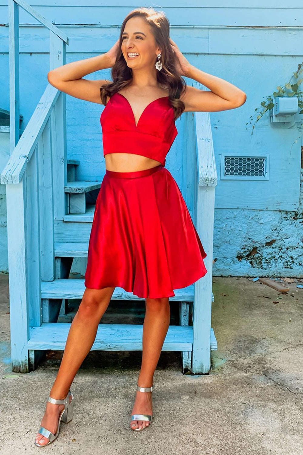 Two Piece Red Short Homecoming Dress/Mini Dress with Bowknot