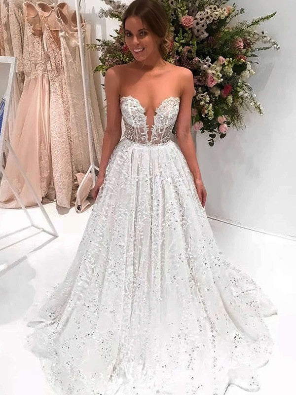 Fabulous Deep V-Neck Strapless Court Train Ball Gown Wedding Dresses