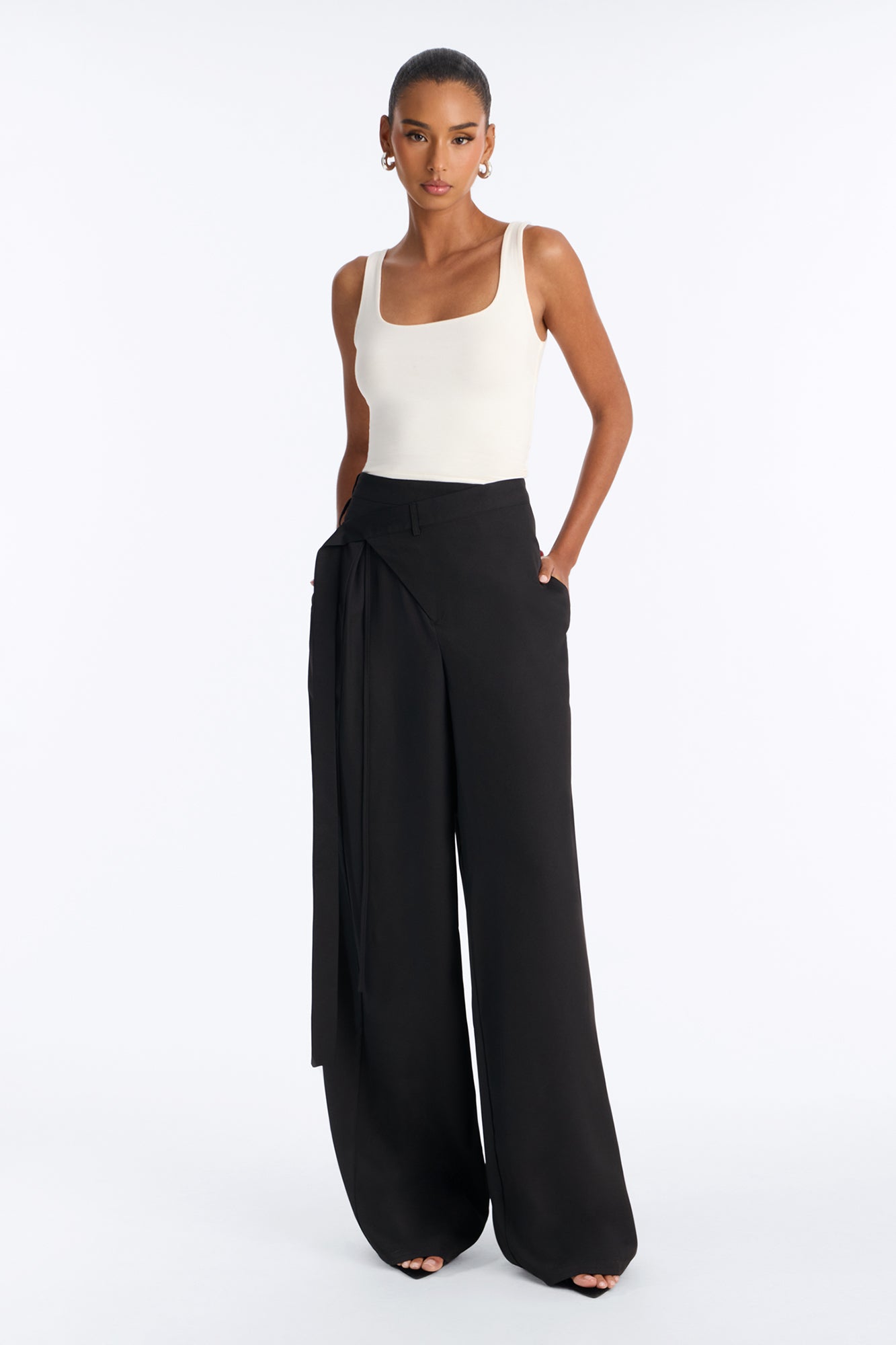 Tall Center of Attention Asymmetrical Waist Wide Leg Trousers - Black