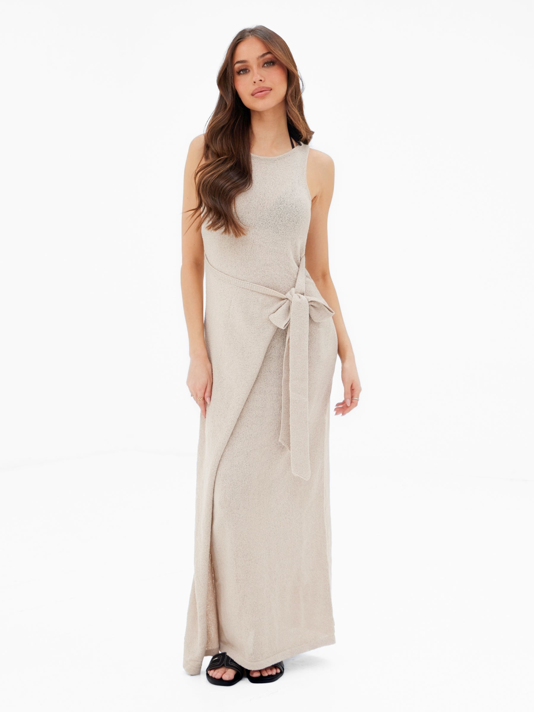 Mae Tied Waist Dress - Taupe