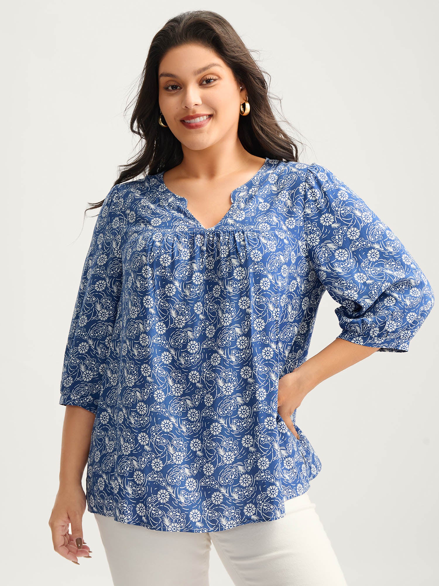 Floral Print Quarter Sleeve Blouse