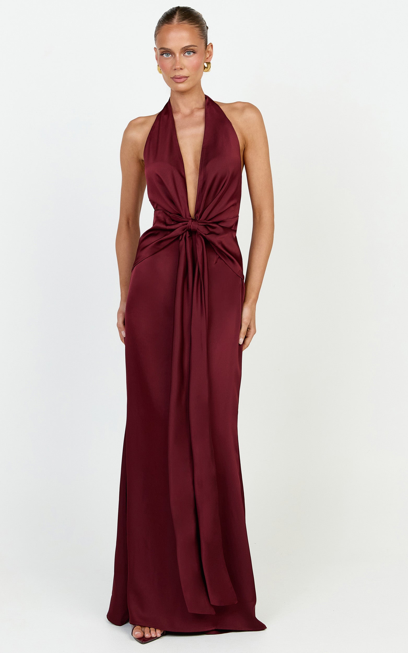 Raven Maxi Dress - Deep V Neck Tie Front Satin Dress in Wine