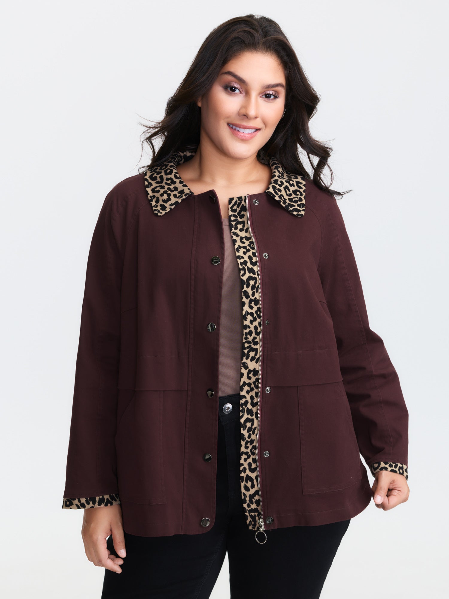 Leopard Print Collar Button-Front Zipper Jacket