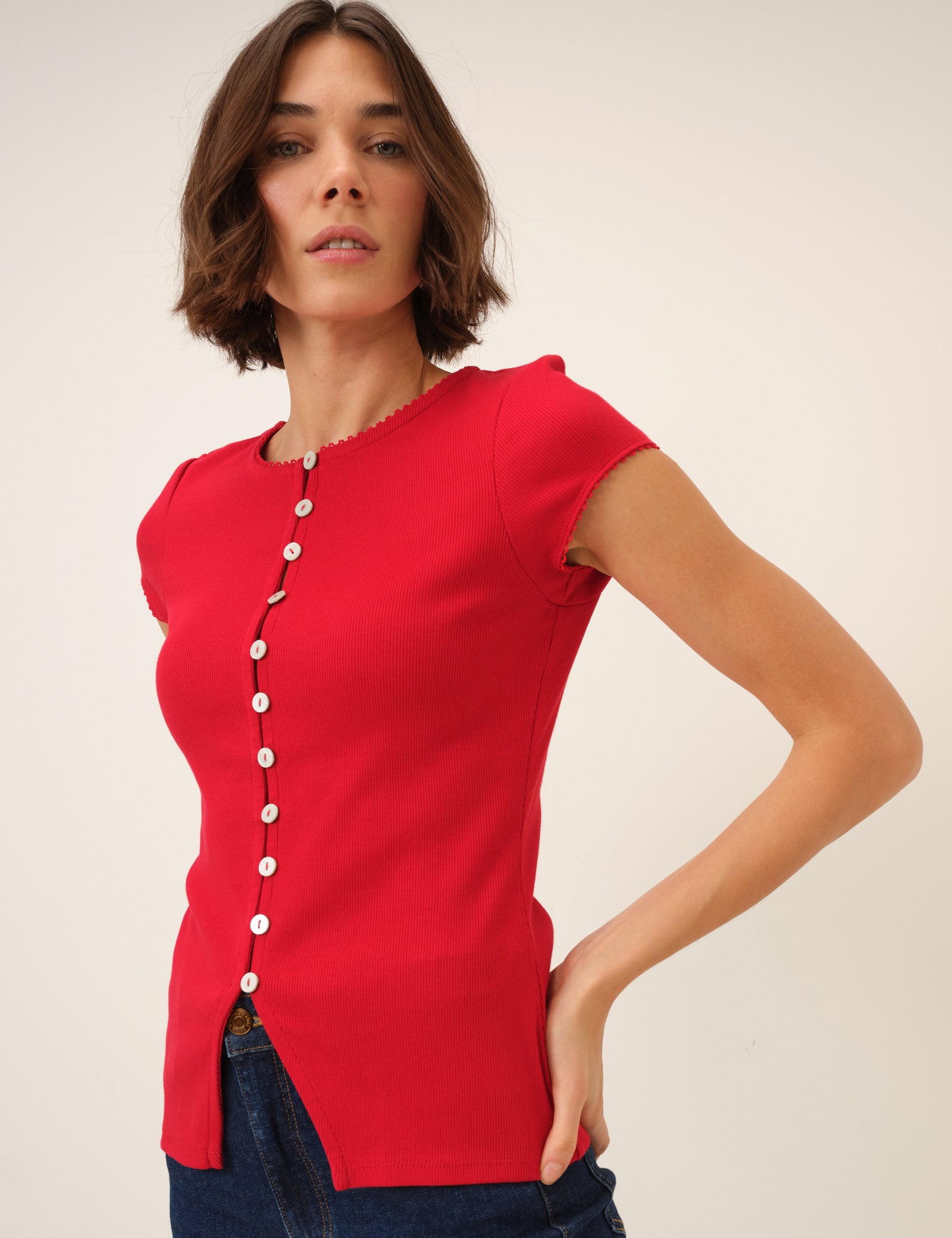 Picot Trim Cap Sleeve Top