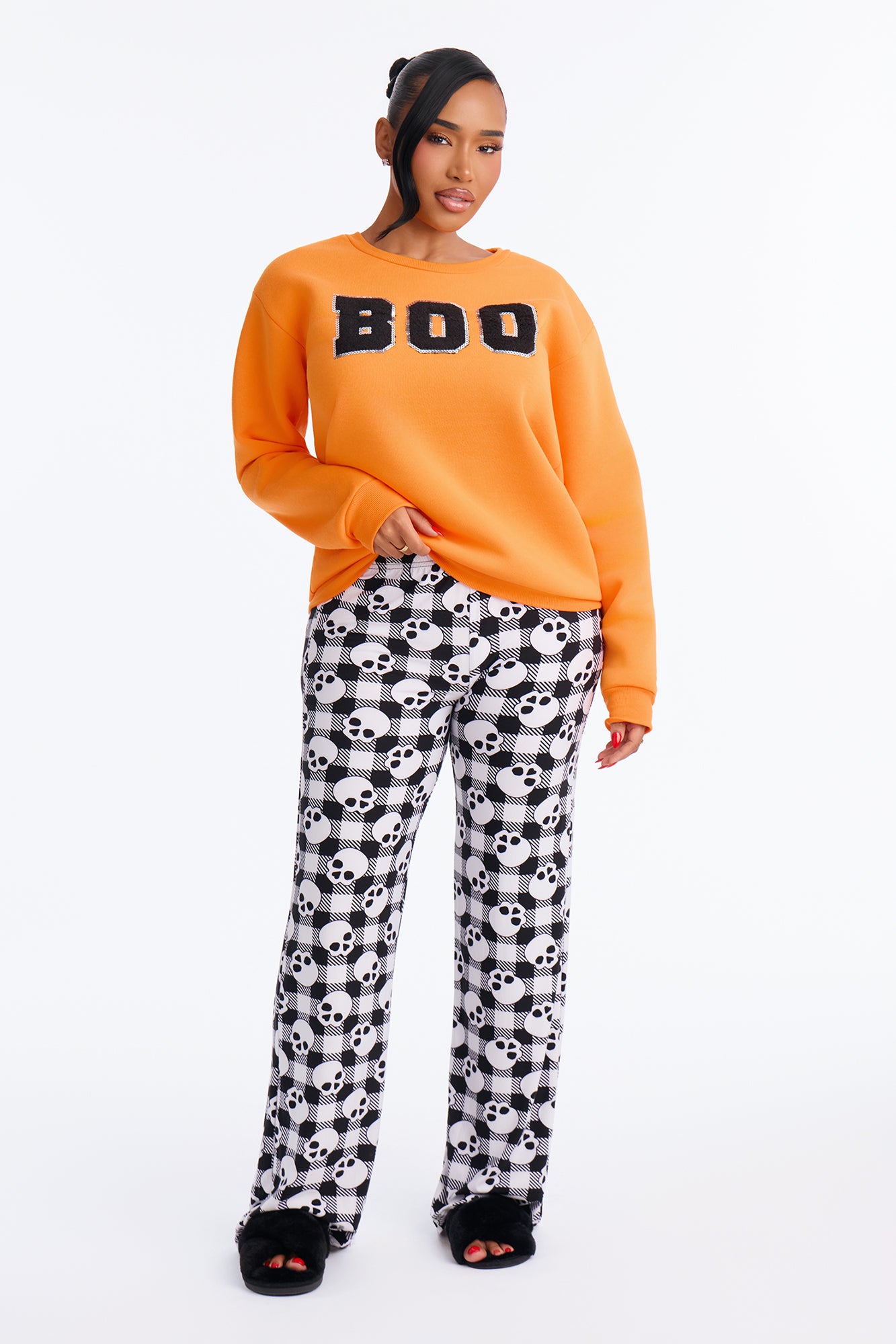 Boo Crew 2 Piece Halloween Fleece Sweatshirt PJ Pant Set - Orange/combo