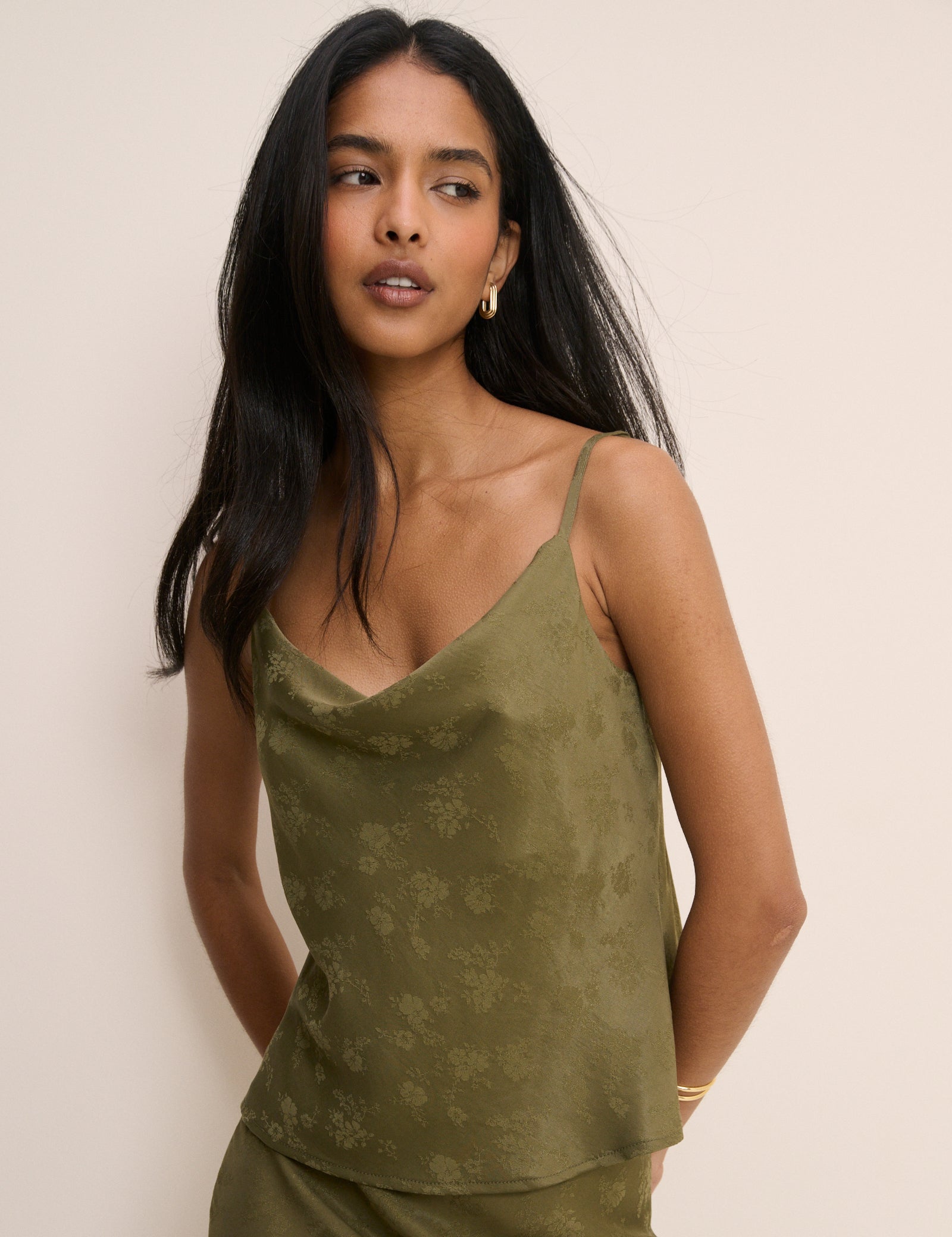 Khaki Jacquard Floral Cowl Neck Satin Top