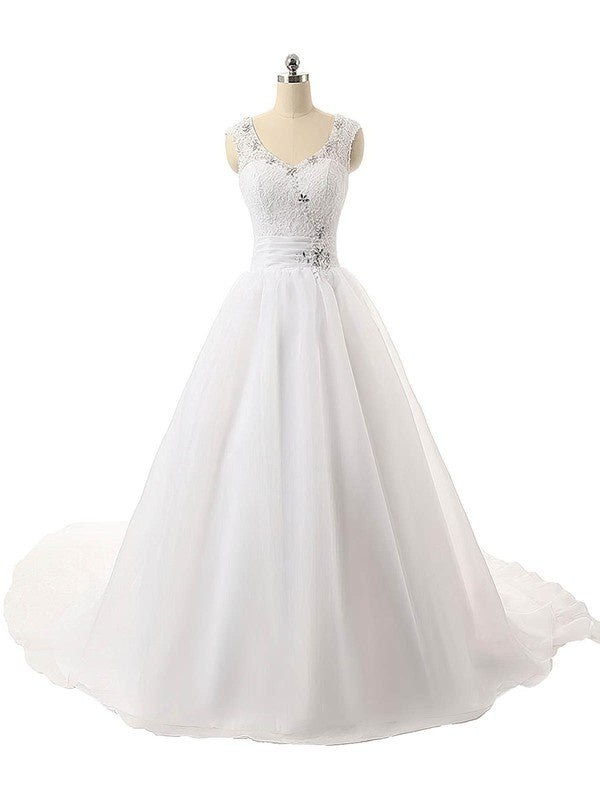 Charming V-Neck Sleeveless Organza Ball Gown Wedding Dresses with Court Train