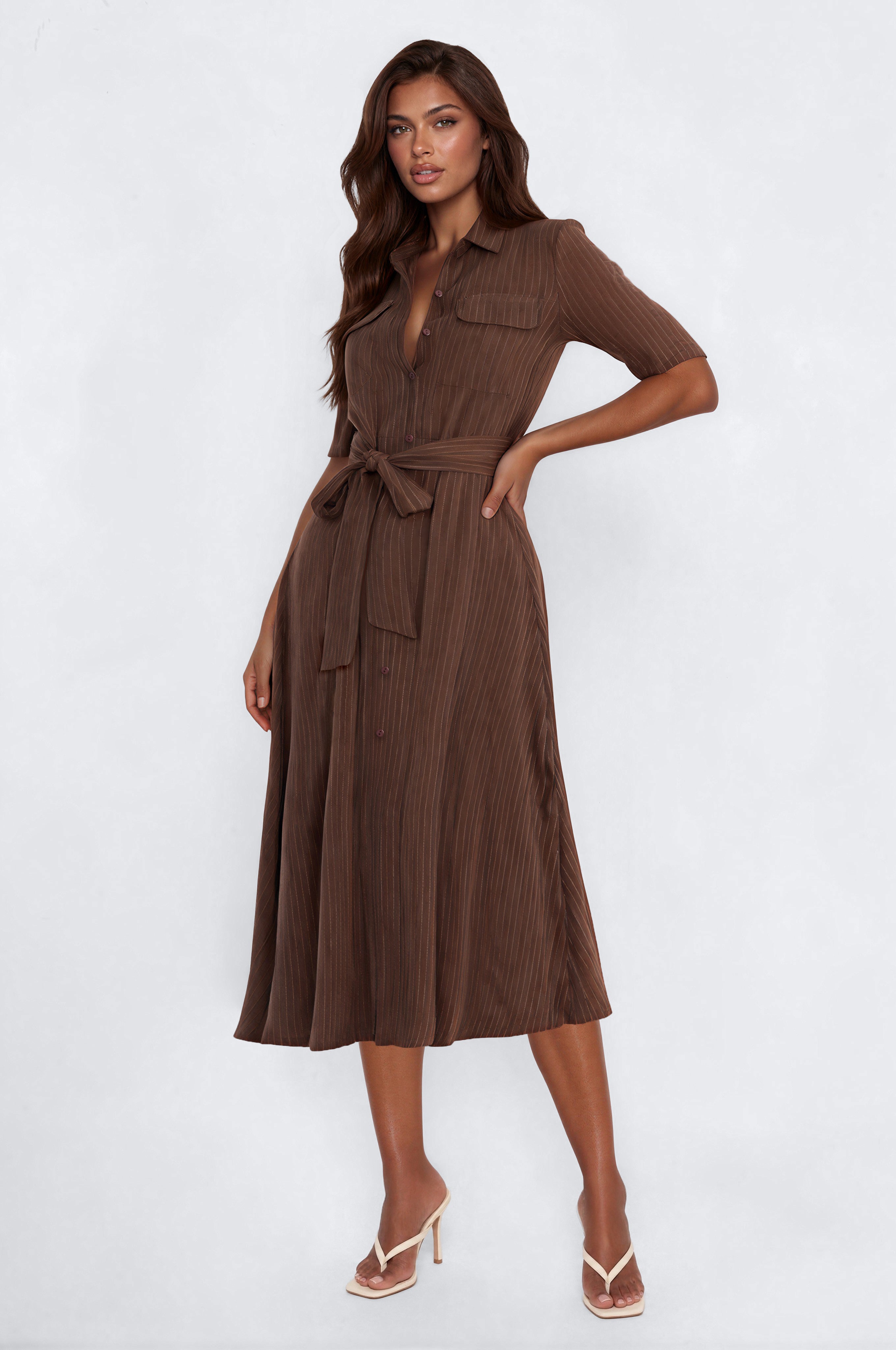 Melissa Pinstripe Collar Midi Shirt Dress - Brown/combo