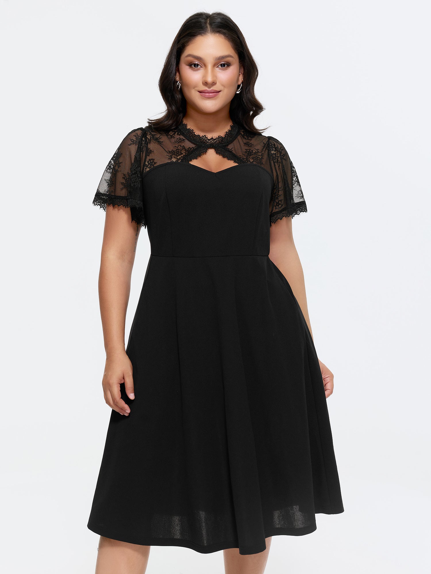 Sheer Lace Neckline Sweetheart Midi Dress