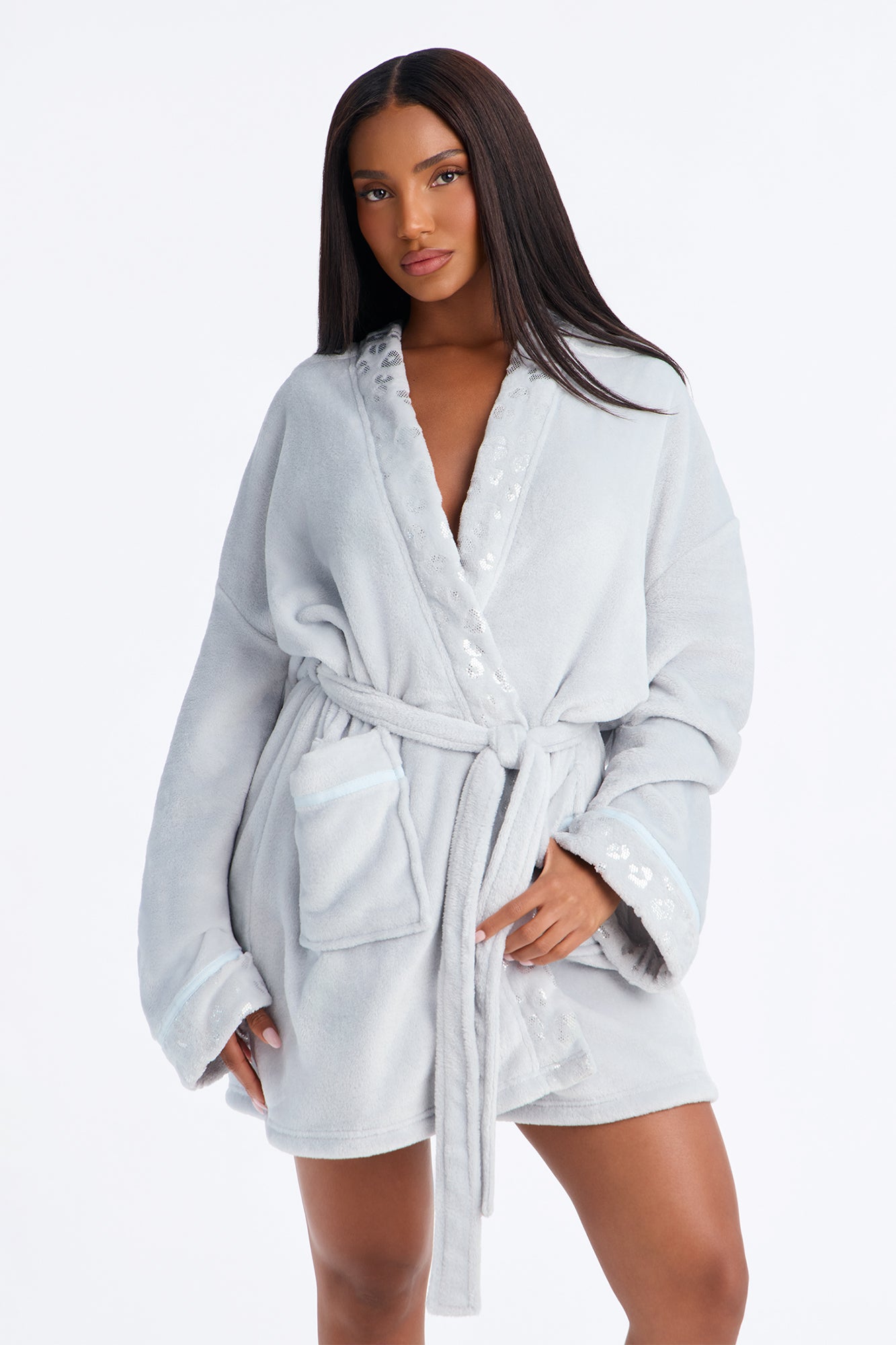 My Aura Hooded Contrast Trim Plush Robe - Slate Grey